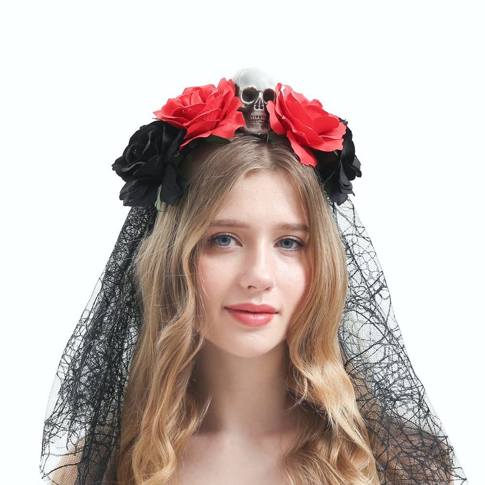 Bubbmi Mexican Flower Crown Headband, Day of the Dead Headpiece, Halloween Festival Headwear, Dia De Los Muertos Hairhoop