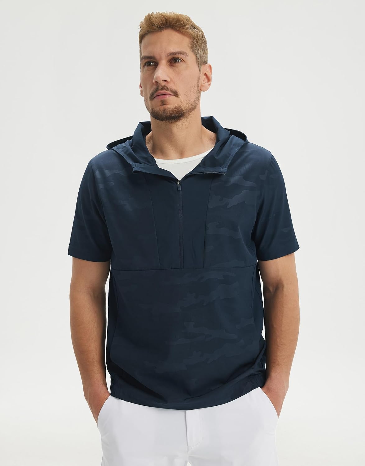 M MAELREG Short Sleeve Hoodies For Men Pocket Water-Resistant Embossed Patterned Golf Lightweight Hoodie Men Sweatshirts