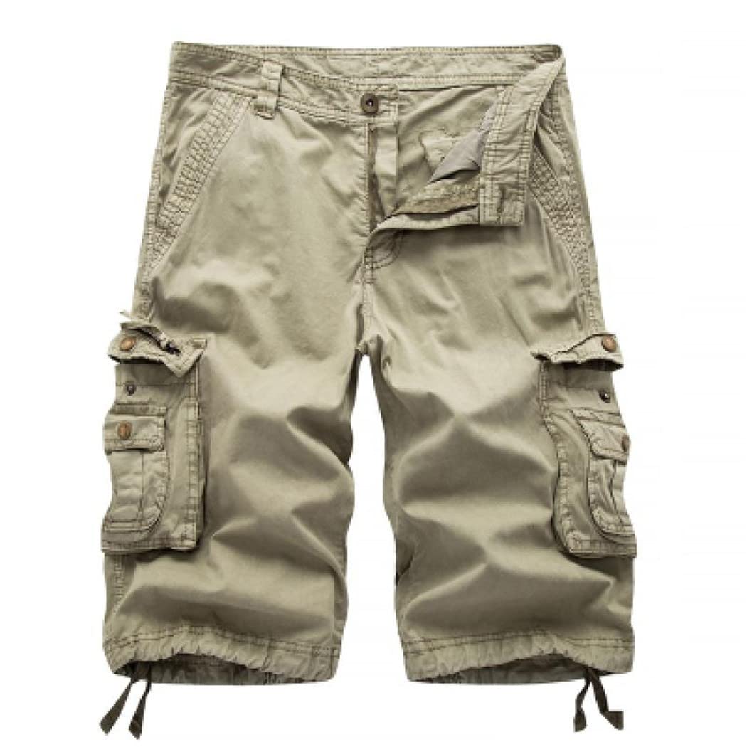 Short cargo d'été décontracté pour homme - Plusieurs poches - Coton uni - Longueur genou, kaki, 44