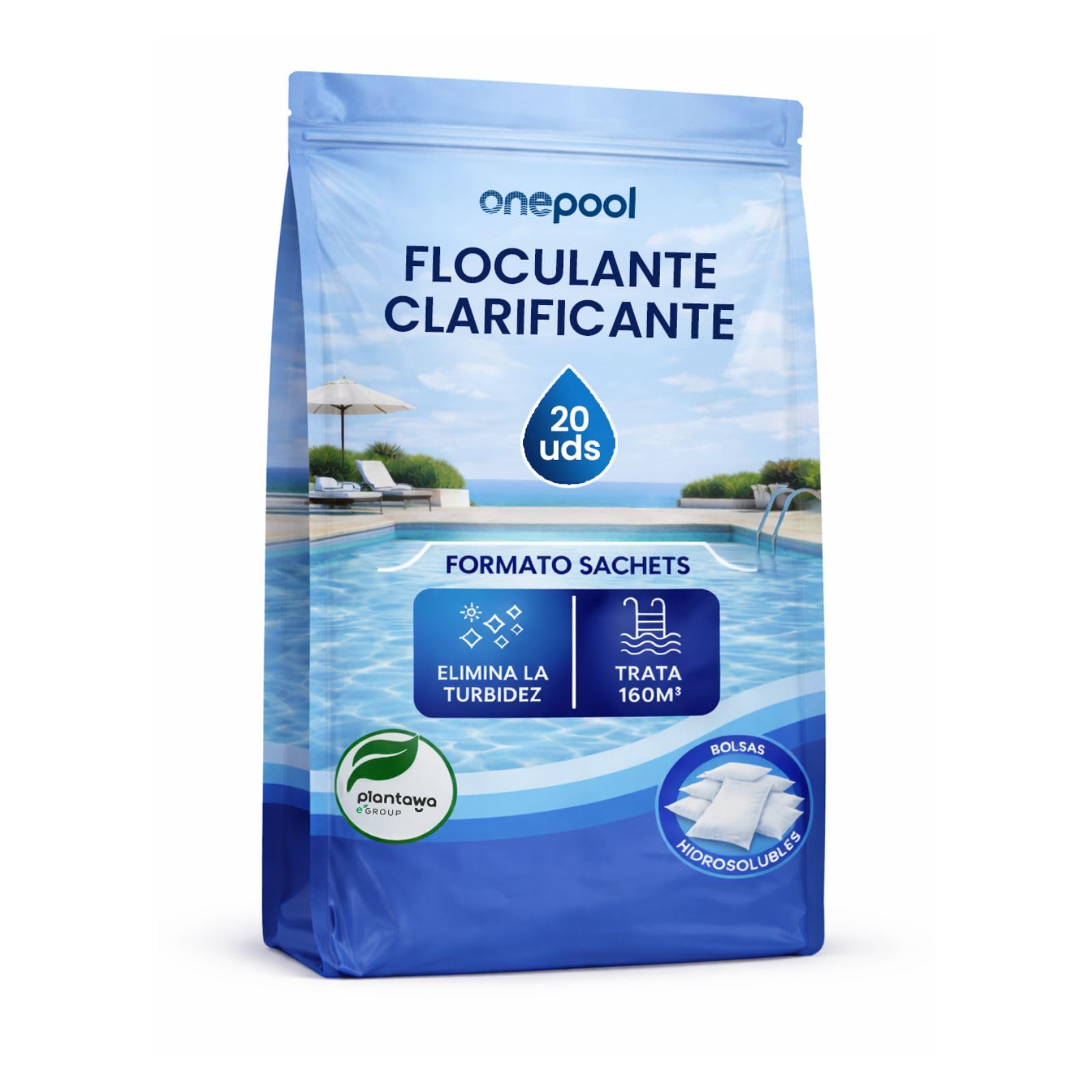 PLANTAWA Flocculante in polvere 20 bustine | Flocculante Chiarificante per Piscine, Equivale 2,5 KG, Eliminatore Turbidità, con Ingredienti Origine Vegan, Tutti i Tipi Piscine, SPA
