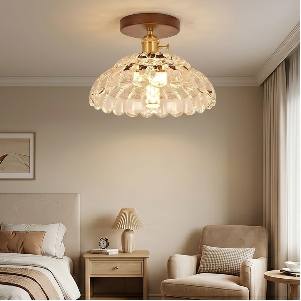 Nowoczesna lampa sufitowa ze szkłem, półwpuszczany żyrandol w stylu vintage, z podstawą z drewna orzechowego, zapiekanka lampa sufitowa z połowy wieku do przedpokoju, przedpokoju, garderoby, sypialni