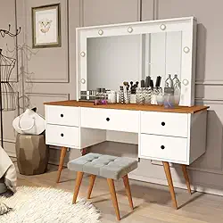 Penteadeira Camarim Com Banqueta Com Led Espelho Resistente Moderna Decorativa Madeira MDF Maquiagem (Branco/Nature)