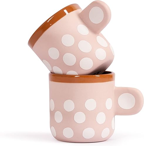 KAKI Juego de tazas de café expreso de 2 a 3 onzas, tazas de espresso de arcilla rosa con lunares blancos, taza de café expresso hecha a mano para