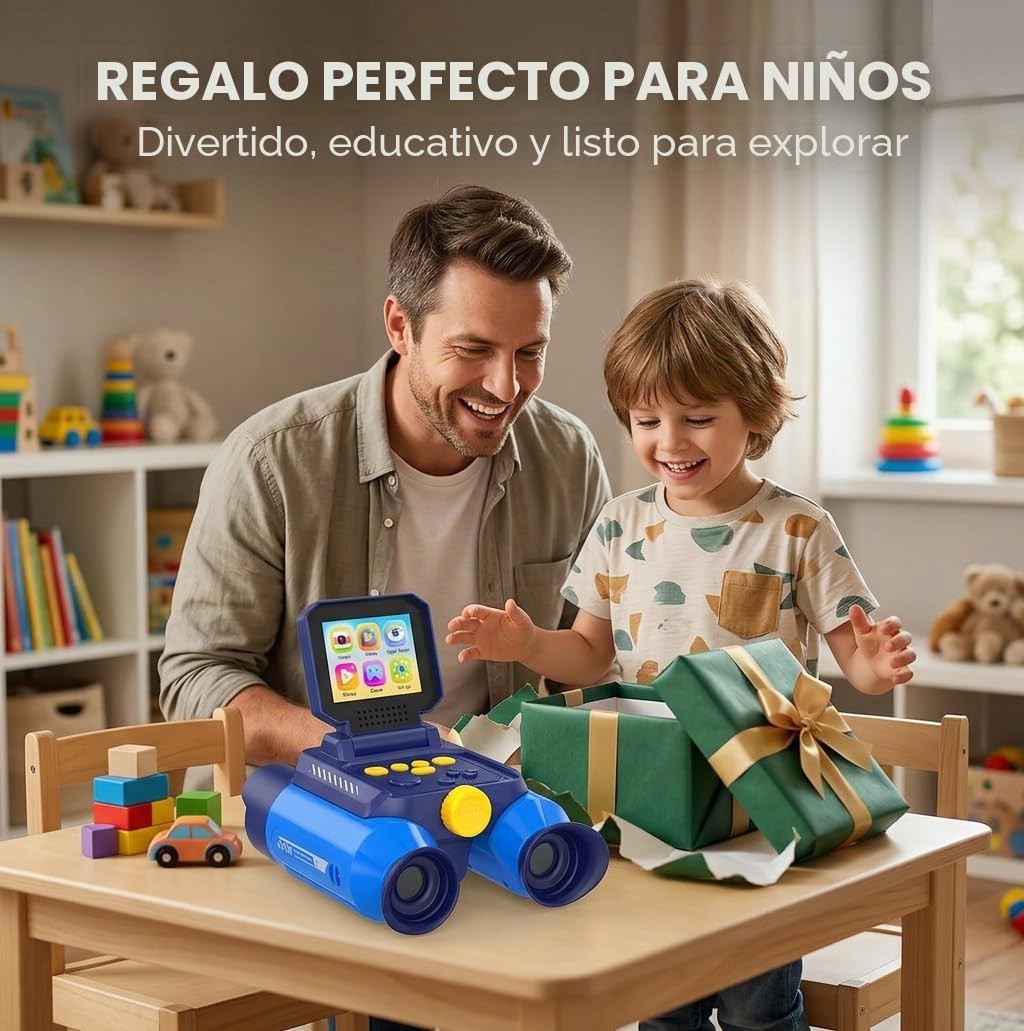 Prismáticos Niños con Zoom Óptico 10x y Cámara - Fotos 48 MP y Video 1080P, Visión Nocturna 25m, Aptos a Partir de 3 Años, Ideales para Observación de Animales y Naturaleza | Azul Oscuro