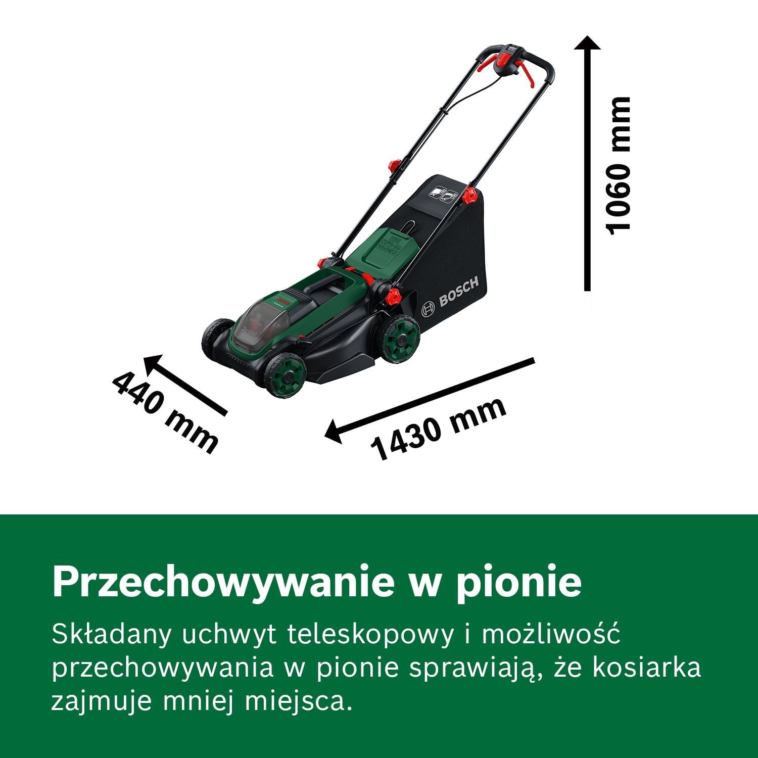 Bosch Kosiarka akumulatorowa ROTAK18V2-38 (szerokość cięcia: 38 cm, wysokość cięcia: 30 – 75 mm, materiałowy worek na trawę 40 l, przystawka do mulczowania, bez akumulatora) | szerokość cięcia: 38 cm, wysokość cięcia: 30-75 mm, torba do zbierania tkaniny