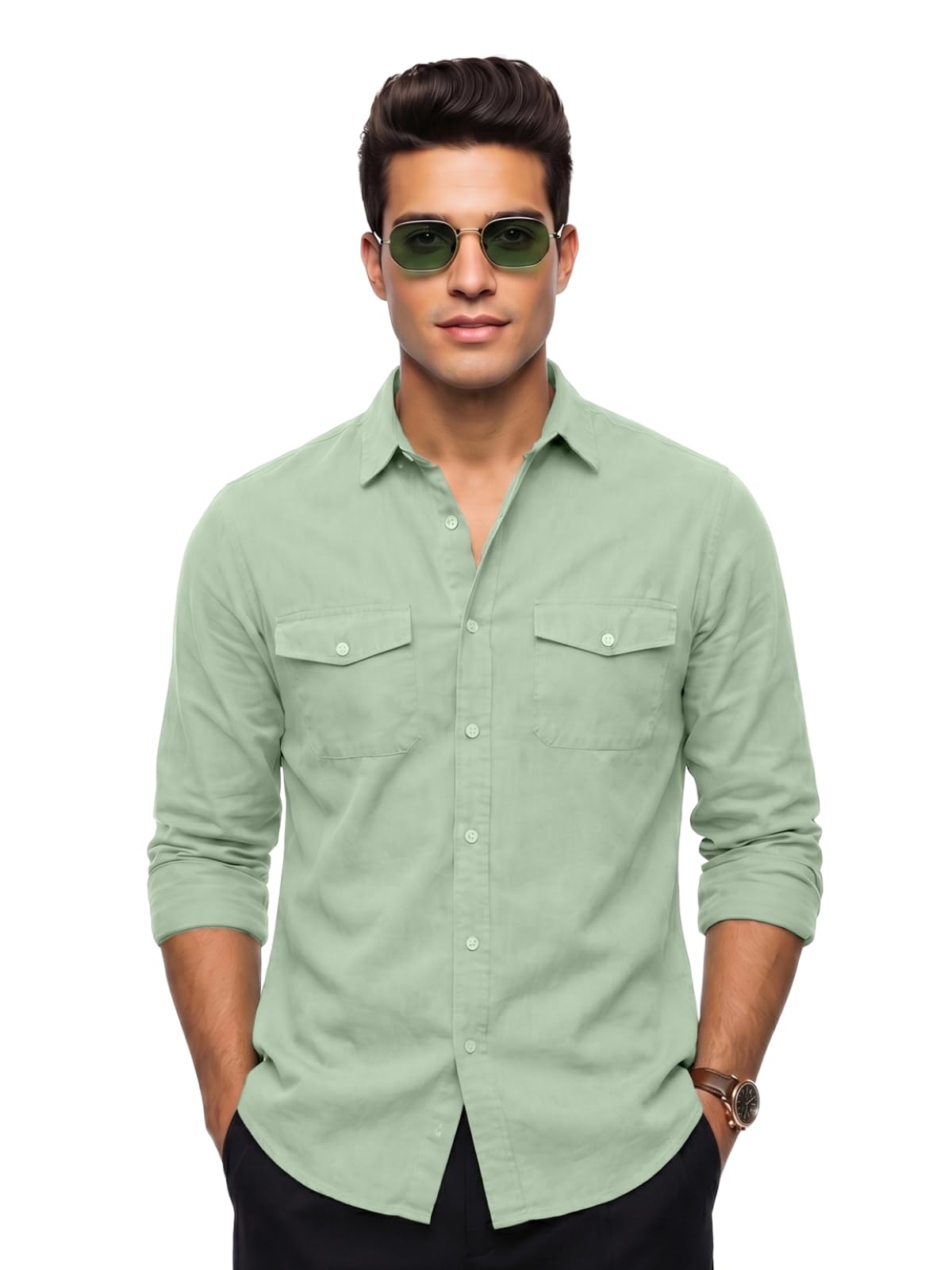 veirdo Men's Pure Cotton Utility Shirt | Full Sleeve Casual Button-Down with Dual Chest Pockets | Stylish & Comfortable Everyday Wear | Colors: Beige, Black, Maroon, Olive, Rust & White-picture-11