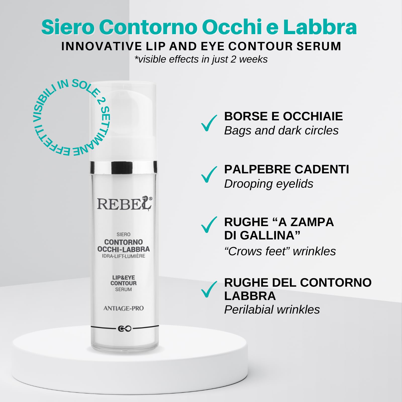 Rebel EYE and LIP | Siero Contorno Occhi e Labbra Antietà | Illuminante, Idratante, Liftante | Specifico per Borse e Occhiaie | Con Argirelina ad Effetto BotoLike | 99% origine naturale | 30 ml Airles