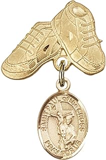 14kt Yellow Gold Baby Badge with St. Paul of The Cross Charm and Baby Boots Pin 1 X 5/8 inches