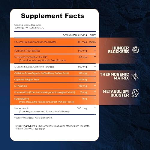 Miniatura 8 de Suplemento premium de capsaicina y L-carnitina termogénico para hombres, mezcla sin nerviosismo de capsaicina, rawolscina, forskohlii, L-carnitina y