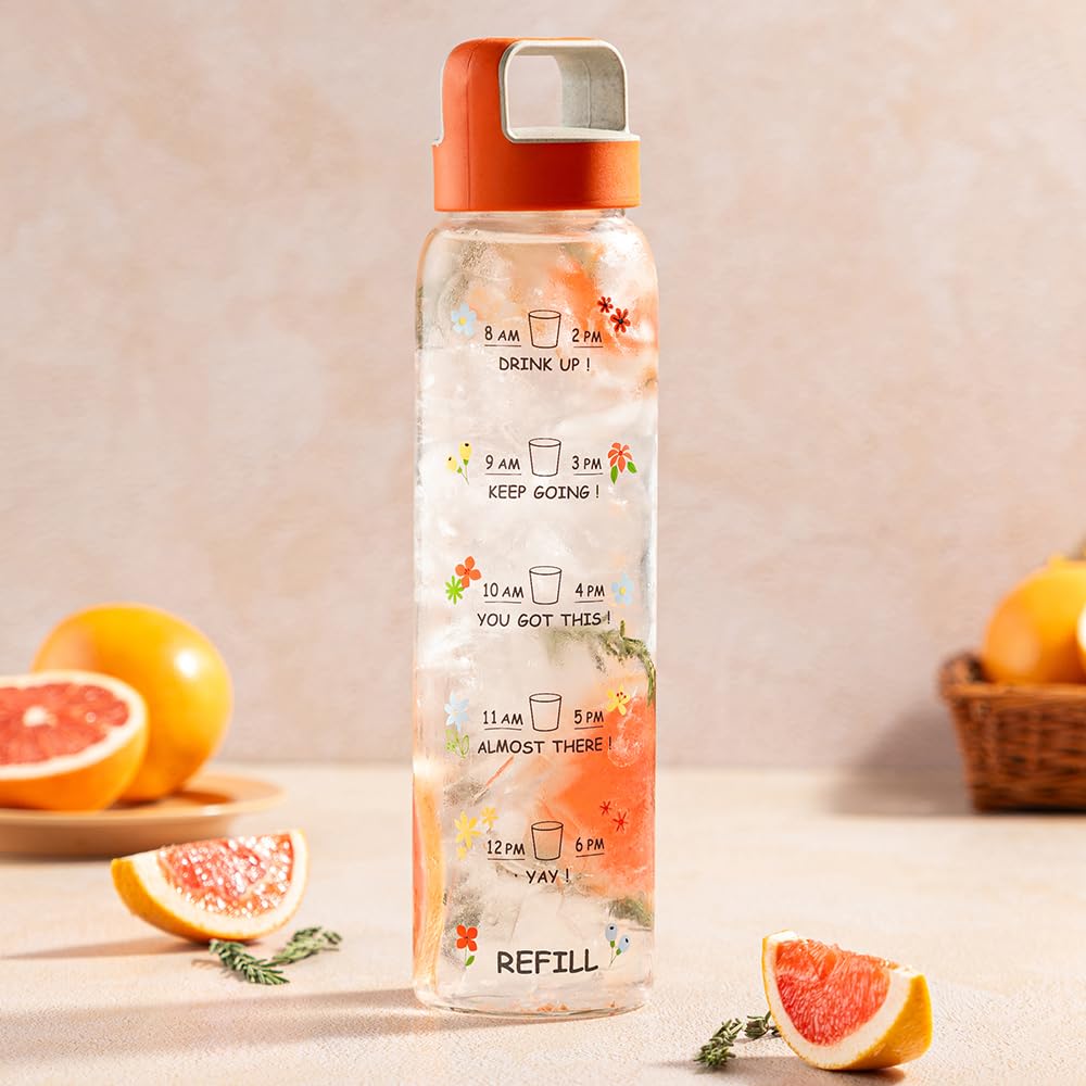 Borosil 1000ml Neo Motivational Time Marker Bottle with Orange Husk Lid | Borosilicate Glass Wide Mouth AM PM Bottle for Fridge | Extreme Temperature Resistant For Hot & Cold Water, Milk, Lassi, Juice