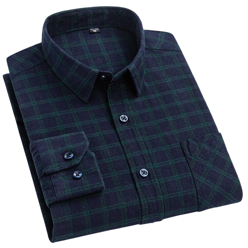 WLLDDDIU Herren Kariertes Flanellhemd Nicht Eisen, Langärmel, Regular Fit, Hemd mit Knopfen Business Casual Arbeitshemd mit Brusttasche für Den Täglichen Bürobekleidung Dunkelblau Dunkelgrün S