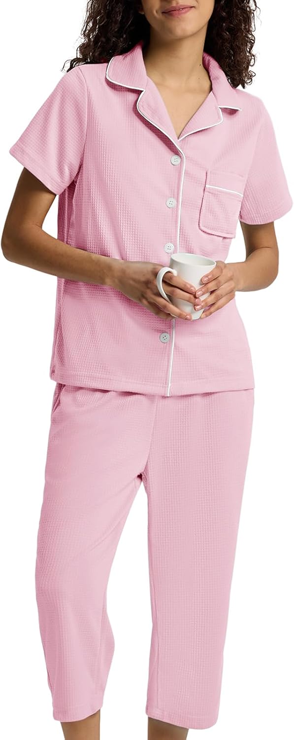 SIORO Capri Pajamas Set for Women, Button Down Sleepwear Short Sleeve Loungewear, Waffle Knit Top with Capri Pants Pjs - Image 3