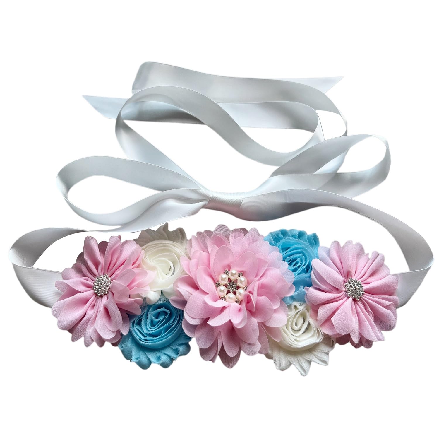Luoyunna Flowers for Sashes Maternity Pregnancy Sash Belt for Baby Shower Wedding Bride, Pink Blue, width： 1 inch， length： 94.5 inches