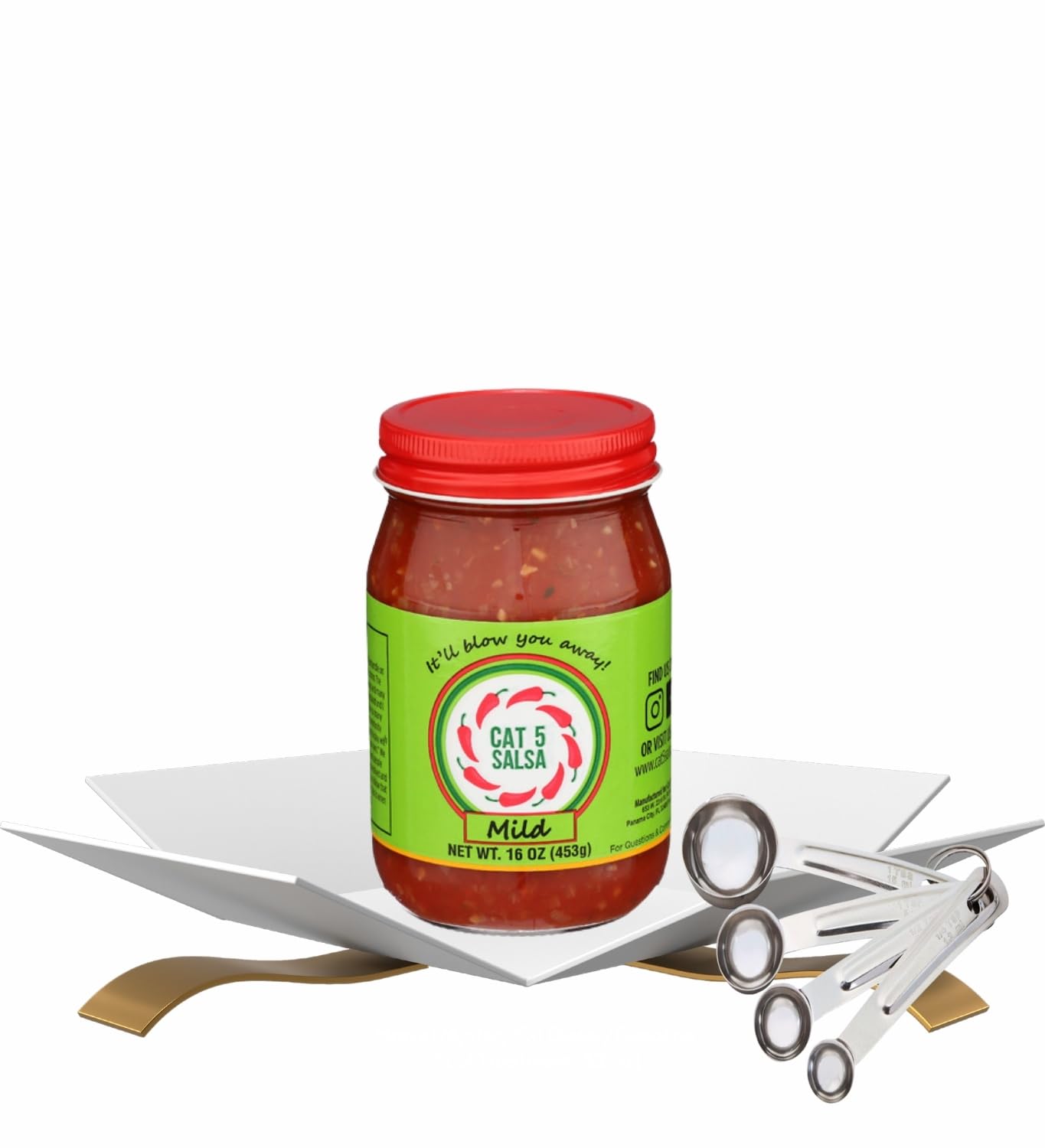 Salsa Cat 5 Mild 16 OZ con Cuchara Medidora - Set de Regalo (2 Artículos)