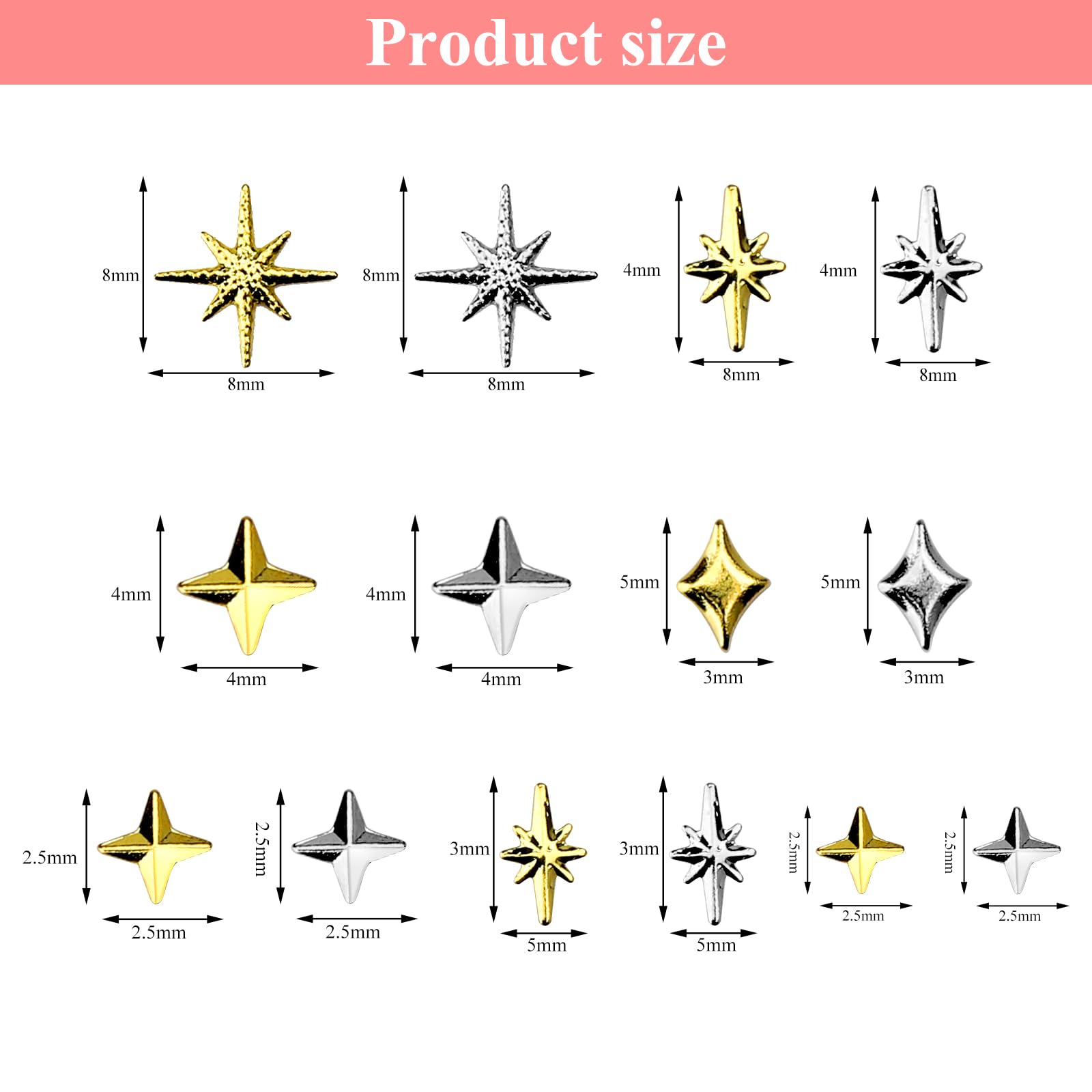 ASOMI 400 Stück Stern-Nagel-Charms Mit Pinzette – Gold & Silber, 3D-Design Für Nagelkunst & Maniküre