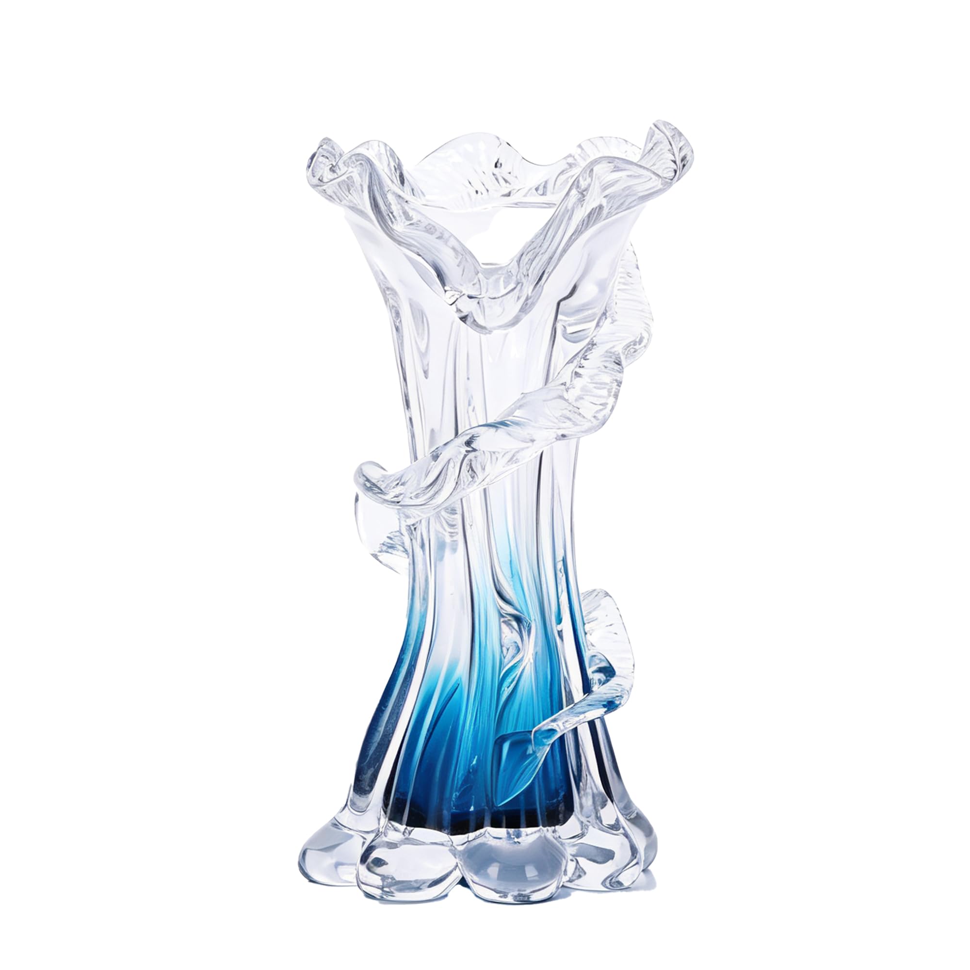 Jarrón único de vidrio azul soplado a mano, jarrón artístico de flores azul degradado para decoración del hogar, centros de mesa y estante de oficina