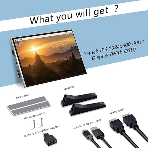 Miniatura 9 de GeeekPi Pantalla de 7 pulgadas para Raspberry Pi, pantalla LCD IPS de 1024 x 600, monitor portátil HDMI para Pi 5/4B/3B+/3B, Win11/10/8/7,