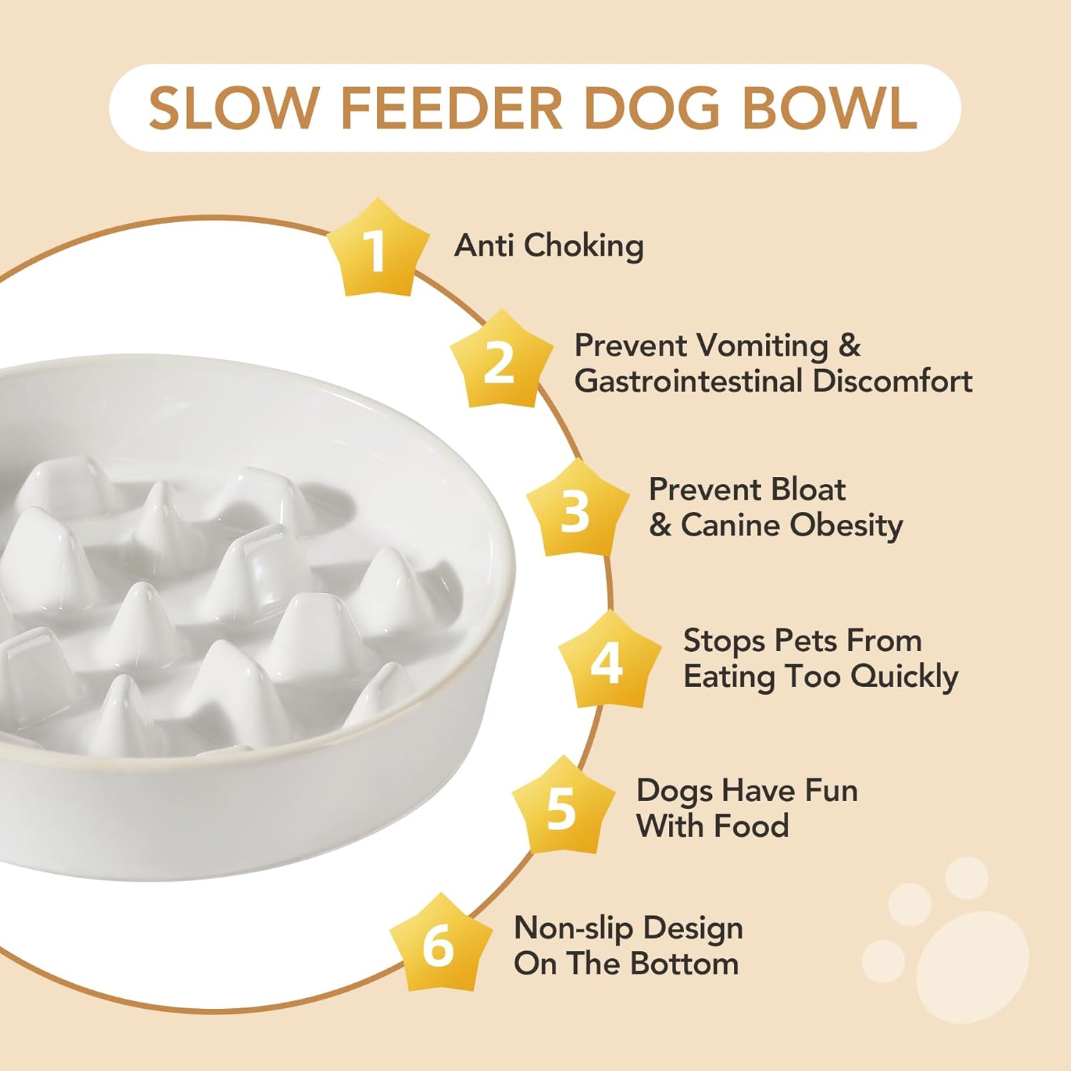 Havniva Ceramic 3.2 Cup Dog Bowl Slow Feeder, 9.5 inch Slow Pet Food Dish for Large Dog, Stop Bloat, Preventing Choking(Single Bowl,Reactived Glaze -White)