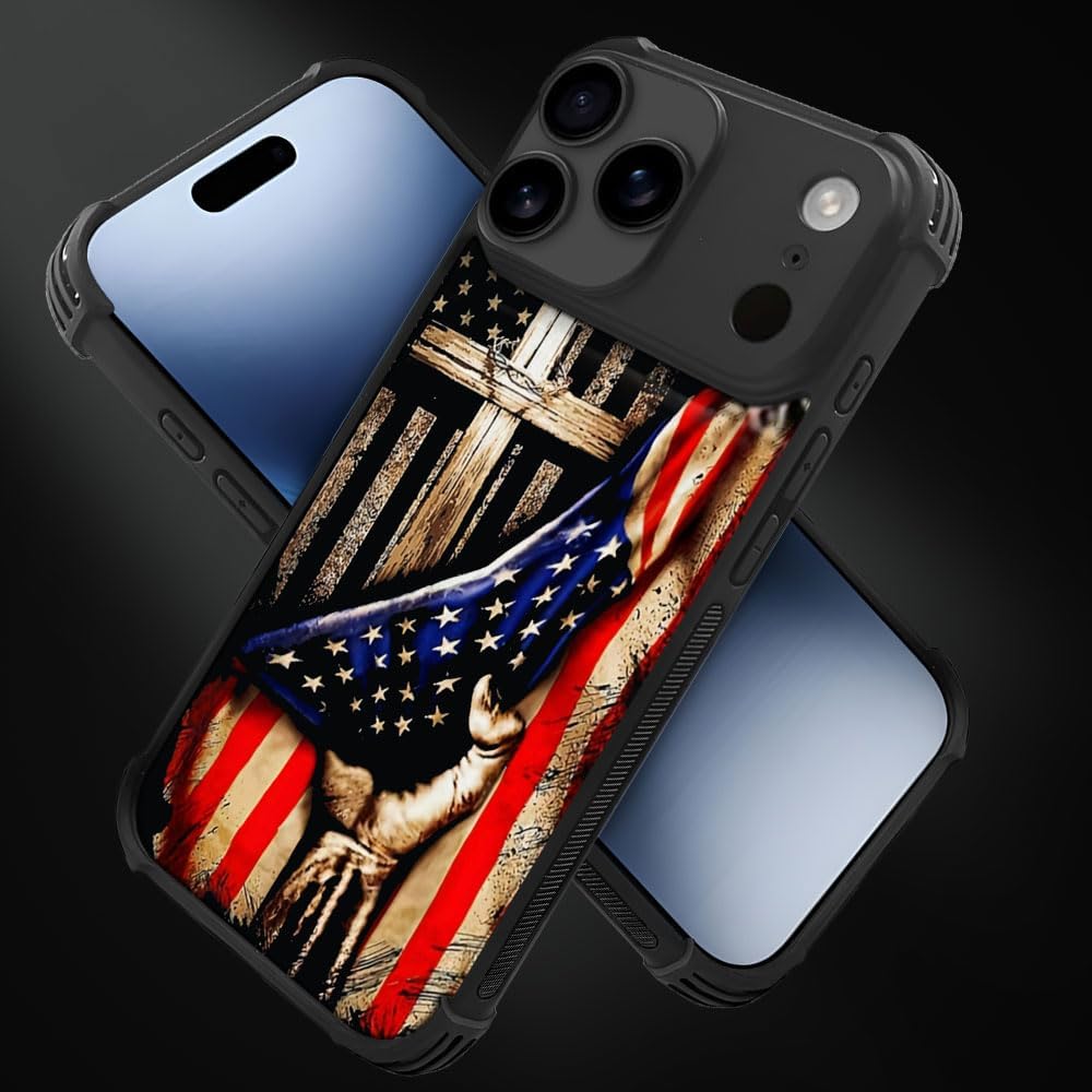 case for iPhone 17 Pro Max,Compatible with Magsafe,All-Round Protection Shockproof Anti-Scratches TPU Case Cover-Wooden Cross Power American Flag - Image 3