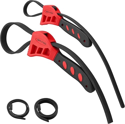 GETLITOOL Llave ajustable de correa de goma, juego de 2 llaves de filtro de aceite de 6 y 8 pulgadas, llave de tubo de goma con correas de repuesto