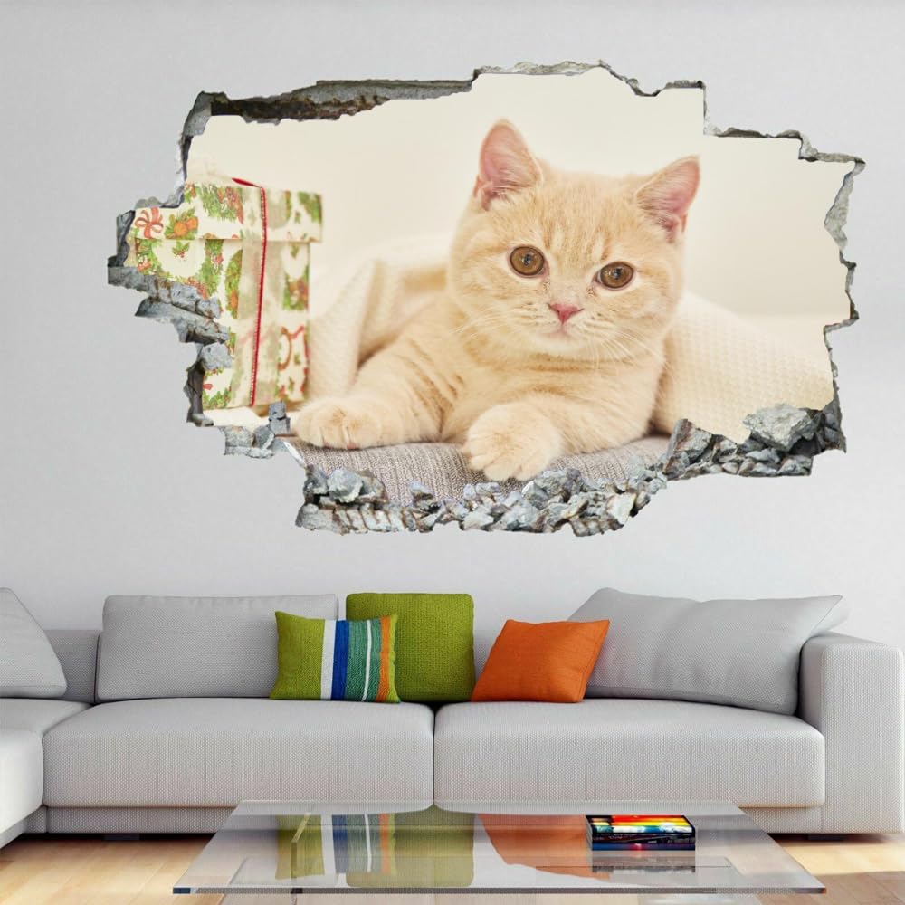 Pegatinas De Decoración De Pared 3D, Gato Calcomanías De Suelo De Vinilo Impermeables Extraíbles Arte, Animales Bonitos Calcomanías De Mural De Pared Rotas Para Niños Dormitorio 120x80cm