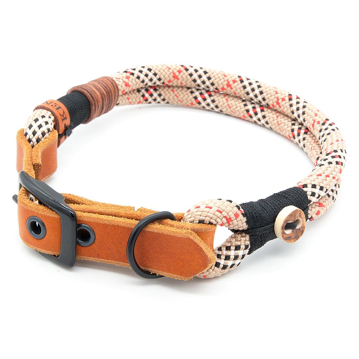 Hundehalsband aus Tau & edlem Leder | Highland Houndstooth | verstellbar & robust | Elegantes, handgefertigtes Design | Halsband Hund für mittelgroße & große Hunde mit Schnalle – beige