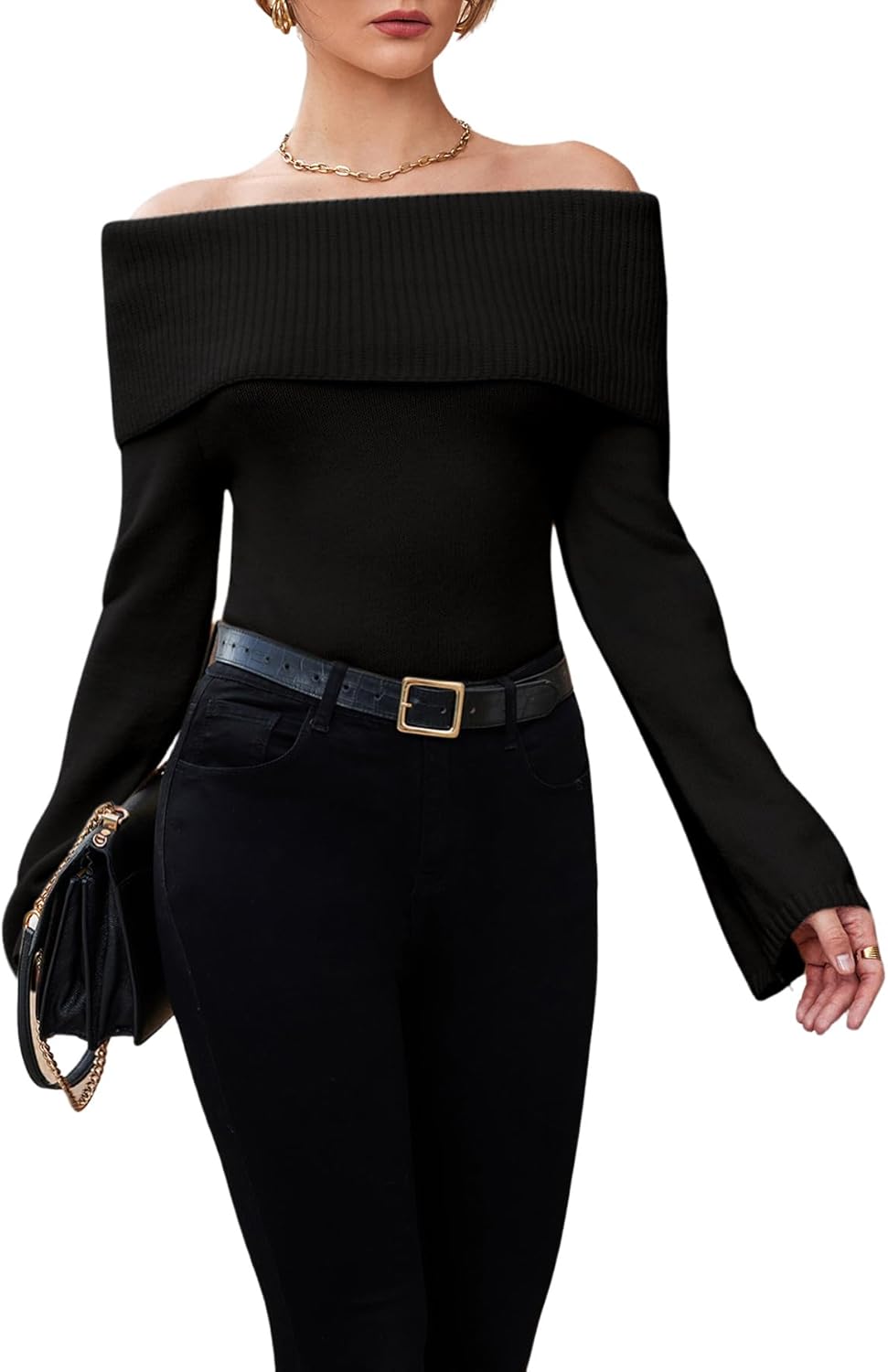 GORGLITTER Women's Off The Shoulder Sweater Long Sleeve Ribbed Knit Pullover Top Trendy Fall Outfits 2025