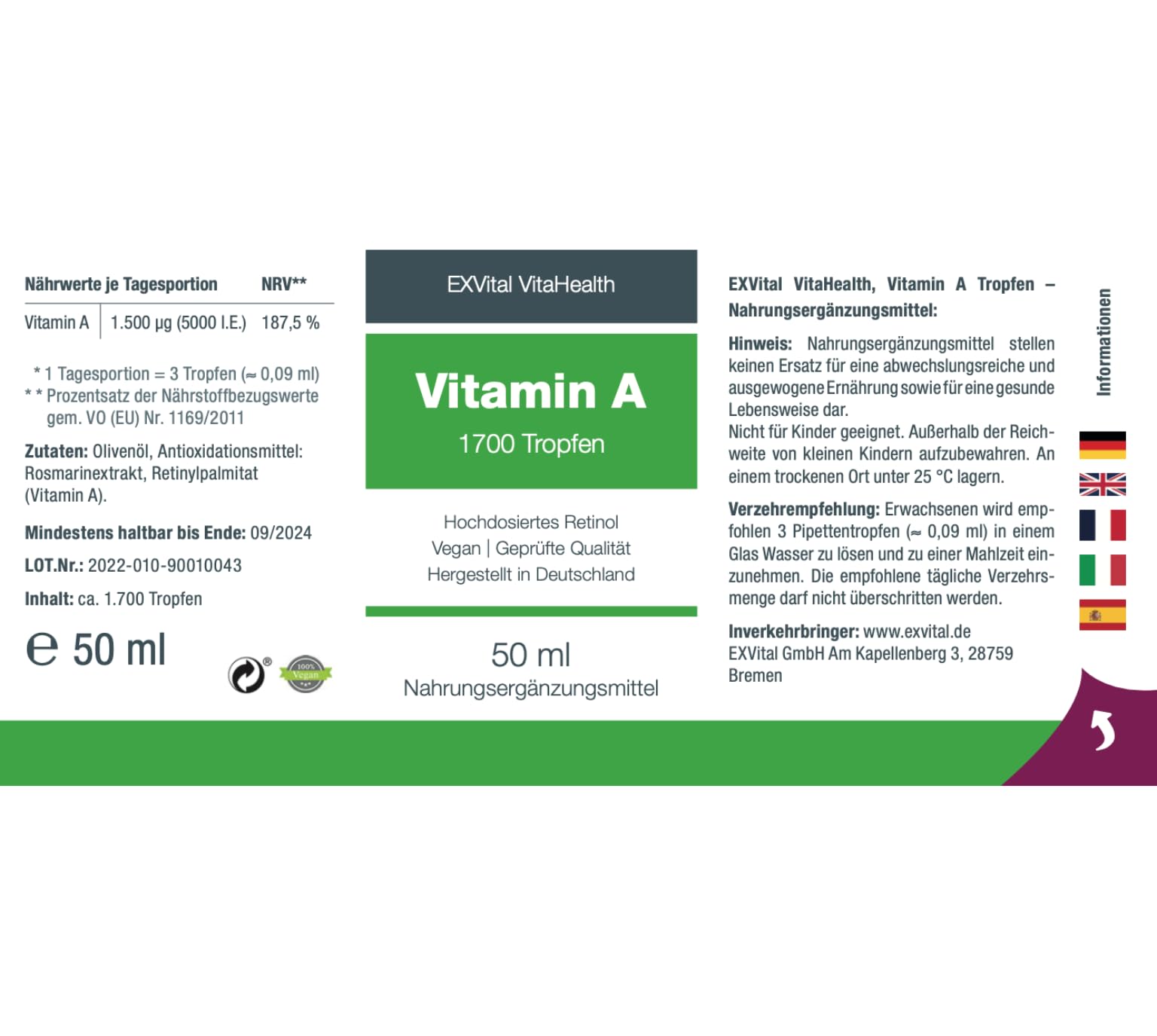 Vitamina A in gocce di EXVital – 5000 UI (1500 µg) per dose giornaliera, 50 ml = 1700 gocce, testata in laboratorio, retinolo ad alto dosaggio – vegana – vitamina A liquida