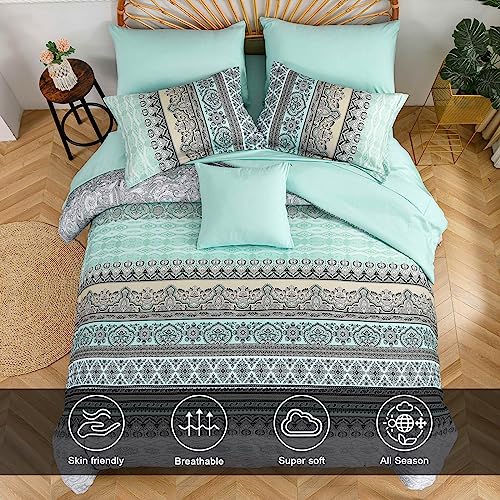 Image of Cottolester Boho Comforter Set King Size,8 Piece Bed in a Bag Sage Green Paisley Comforter and Sheet Set,Striped Bedding Set Soft Microfiber Complete Bedding Set