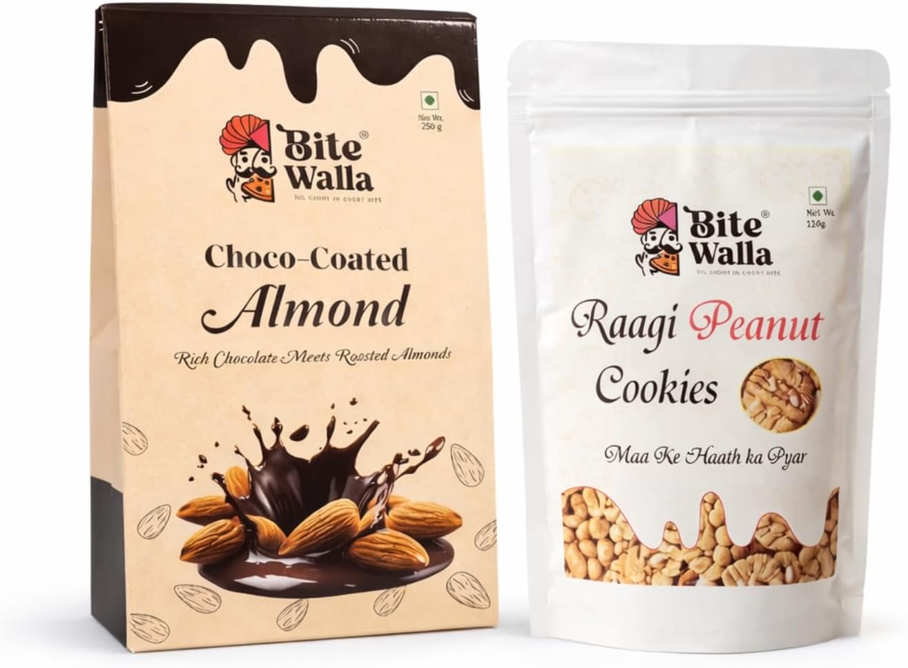 Bite Walla Healthy Snack Combo – Choco-Coated Almonds & Raagi Peanut Cookies | Chocolate Covered Almonds & Millet Cookies | Nutritious Tea-Time & Gifting Snacks (Pack of 2)