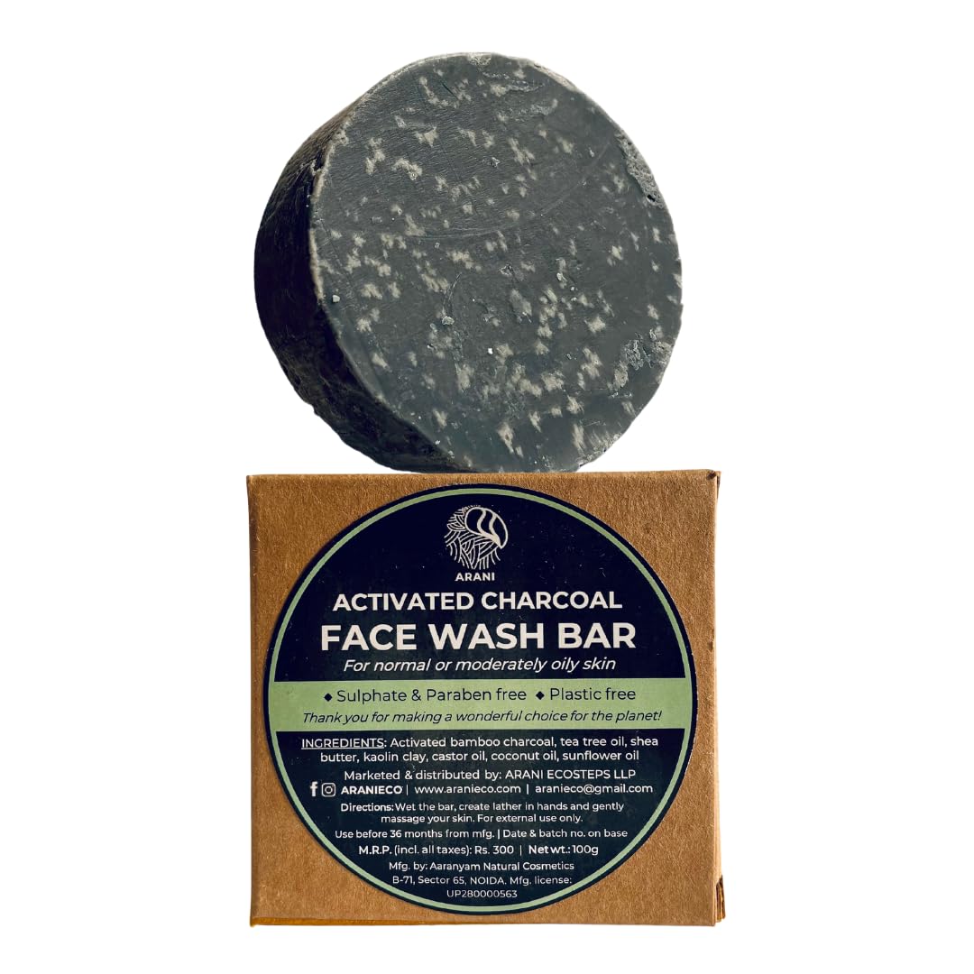 Arani Eco Activated Charcoal Facewash Bar | For acne-prone, oily skin | Sulphate & Paraben-Free, Plastic-Free