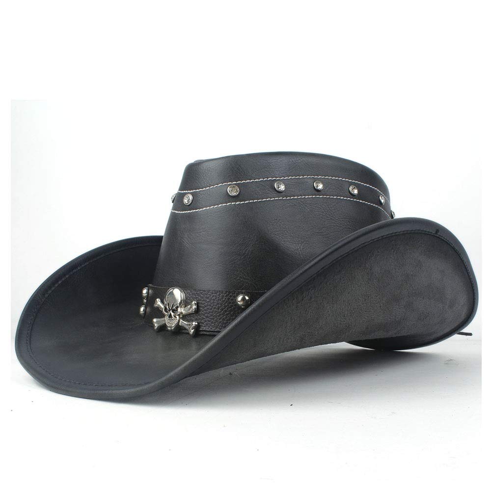 LIOONS 100% Pelle Donna Uomo Nero Cappello da Cowboy Occidentale con Tesa arrotolata Cintura Punk Jazz Sombrero cap Cappello da papà