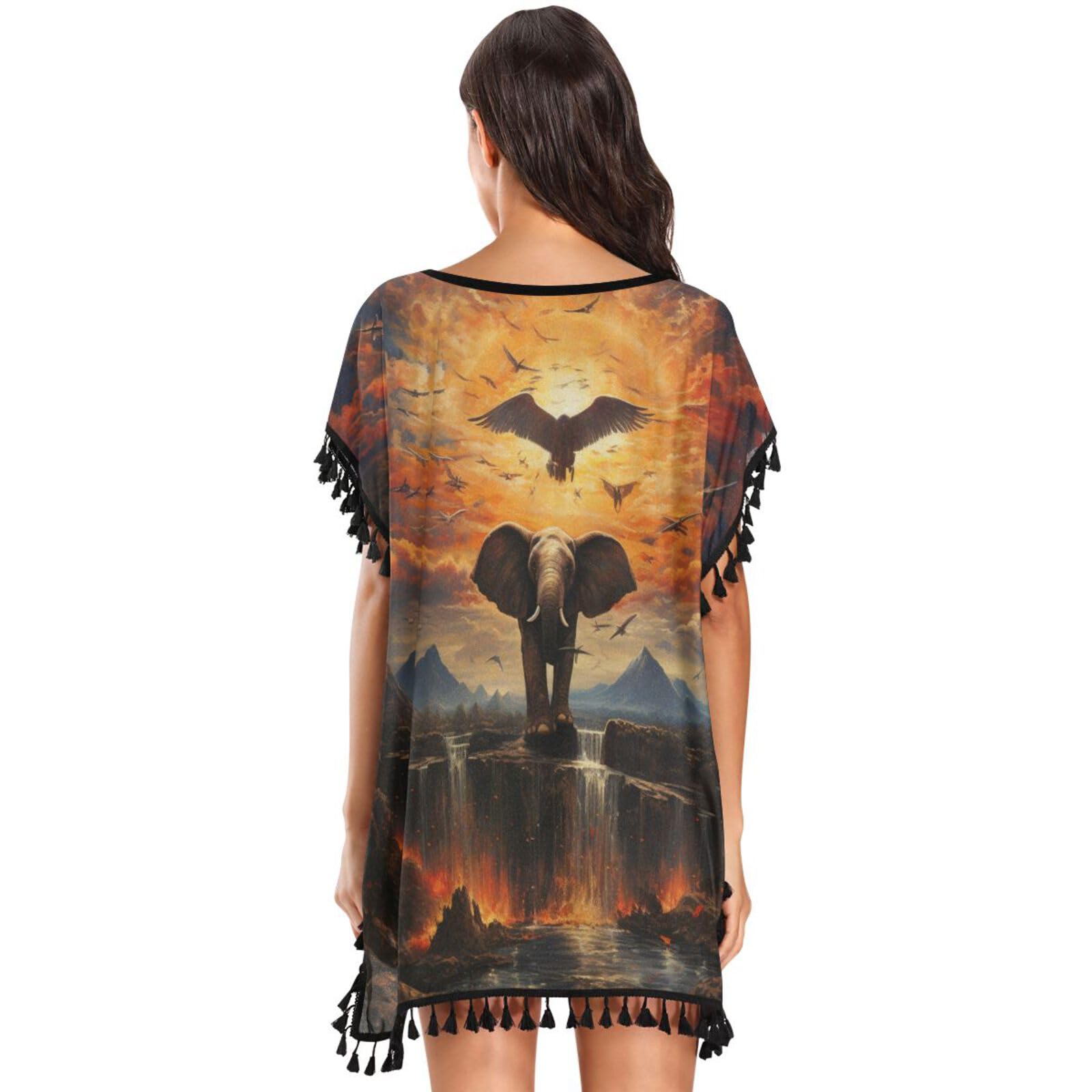 Oil Paintings Sunset Elephant Women's Beach Cover Up Chiffon Tassel Swimwear Swimsuit Coverups for Girl