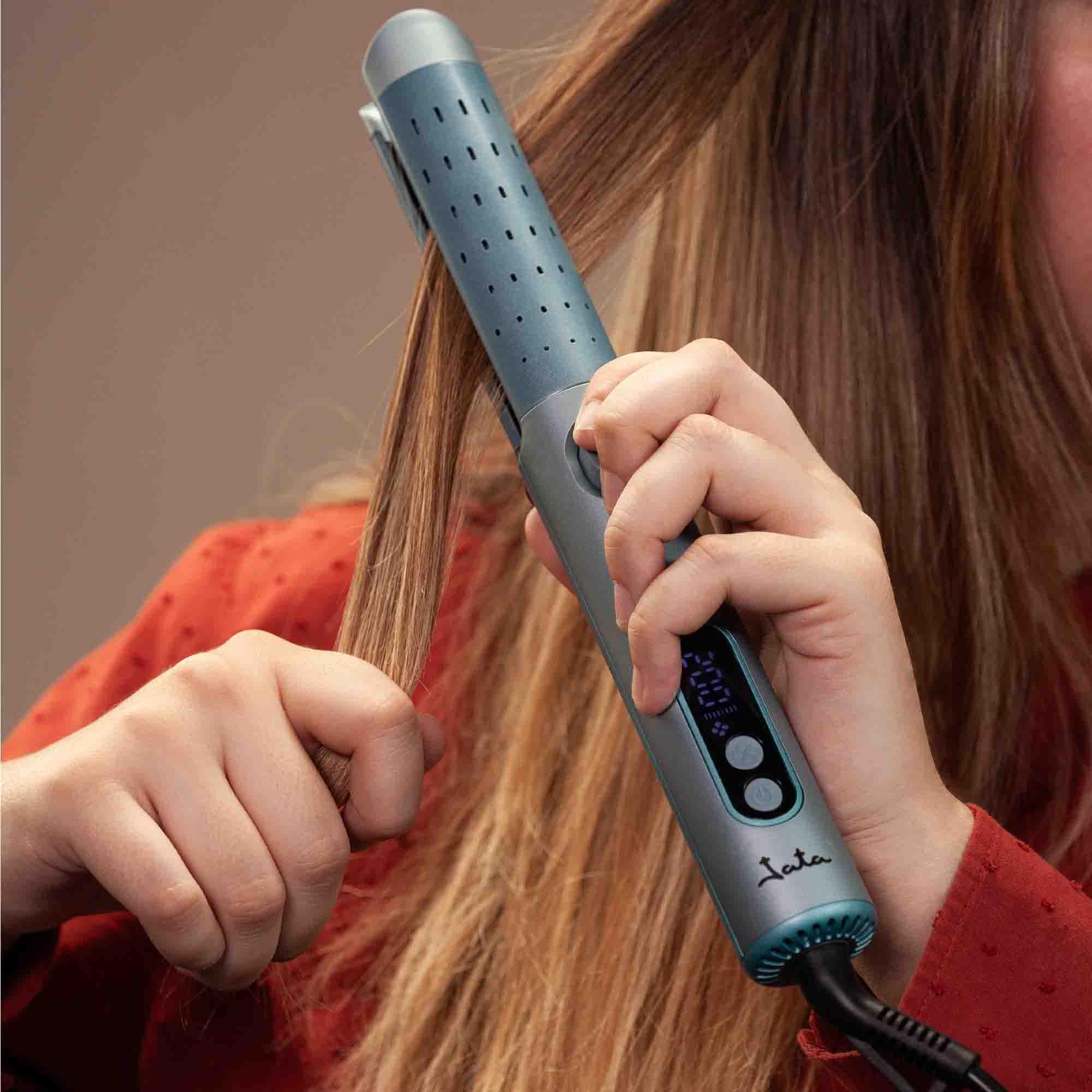 JATA JBPP1588 - Plancha de Pelo y Rizador con Aire, Tecnología Cool Air, Placas Cerámicas Flotantes, 4 Temperaturas 140-200ºC, Alisador y Rizador Profesional