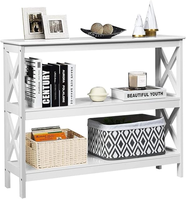 COSTWAY 2/3 Tiers Console Table, X-Shaped Slim Sofa Side End Table with Open Storage Shelves, Wooden Narrow Hall Desk Display Accent Table for Living Room Bedroom Entryway Hallway (White, 3 Tiers)