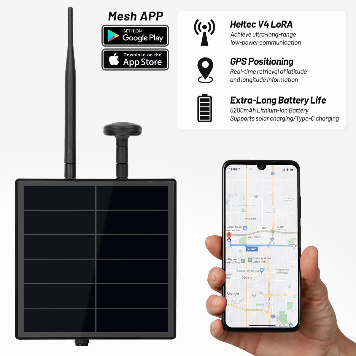KEEPTEEN D5L Meshcore Solar LoRa Kits,Mesh Tracker Node Repeater,5W Solar Panel Bult in Heltec ESP32 V4 Lora Modules Board with Mushroom GPS/915MHz Antenna WiFi Bluetooth 5200mAh Battery