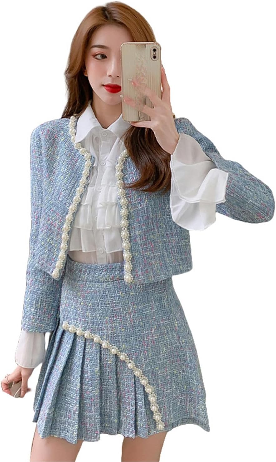 JYHBHMZG Women's Spring Elegant Tweed Style Jacket Shirt Skirt Set Two Piece