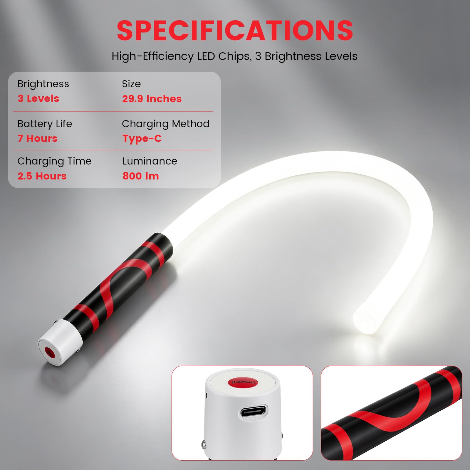 Lampada da lavoro a LED flessibile, torcia magnetica, asta flessibile da 76 cm, orientabile a 360°, ispezione in spazi ristretti, officina e luce di emergenza, ricarica rapida USB-C, 2 pezzi + guanti