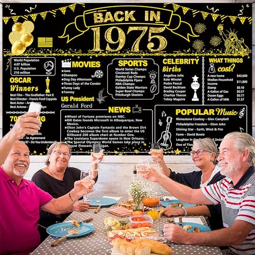 Image of DARUNAXY 51st Birthday Black Gold Party Decoration, Back in 1975 Banner 51 Year Old Birthday Party Poster Supplies Vintage 1975 Backdrop Photography Background for Men & Women 51st Class Reunion Decor