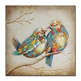 SEVEN WALL ARTS - 100% Hand Painted Modern Vintage Art Animal Colorful Quirky Birds Painting with Stretched Frame Wall Art for Home Decor Ready to Hang 24 x 24 Inch
