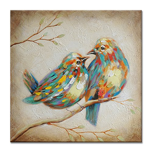 SEVEN WALL ARTS - Abstract Love Birds Picture Hand Painted Modern Vintage Animal Painting Colorful Quirky Birds Artwork for Bedroom Kitchen Room Living Room Home Decor 24 x 24 Inch
