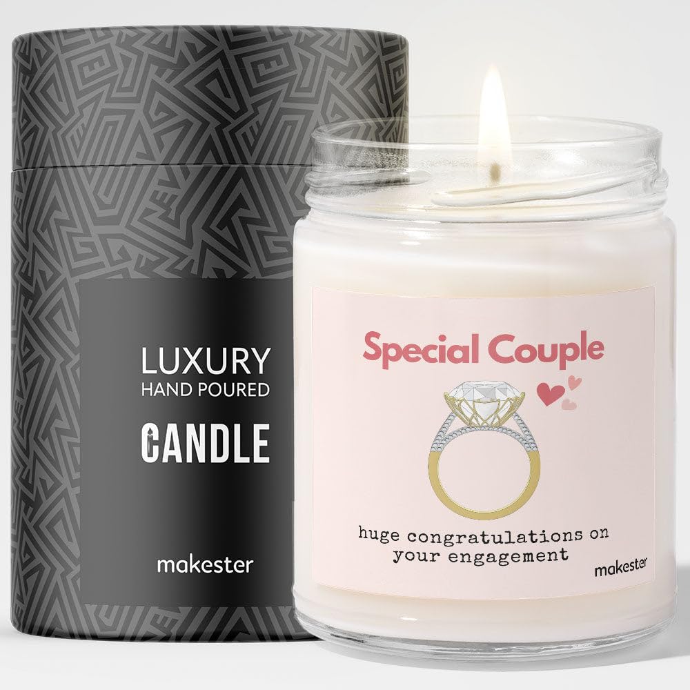 Engagement Gift for Couple - Luxury Soy Wax Candle - Vanilla, Jasmine, Sugared Almond - Makester, White
