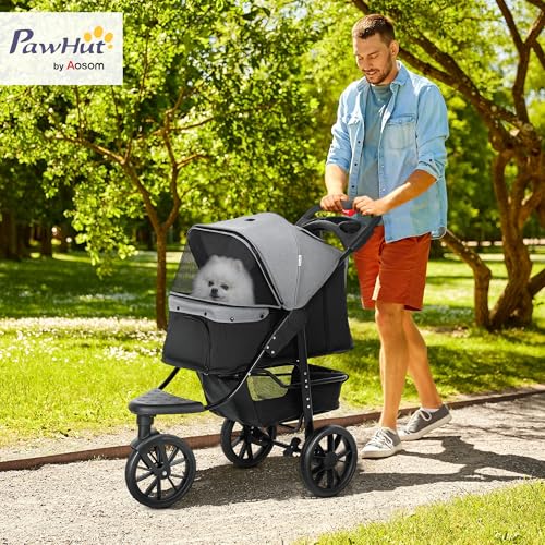 PawHut Hundewagen klappbar Hundebuggy für Hunde & Katzen bis 10 kg Katzenbuggy mit Netzfenstern Getränkbehalter Aufbewahrungskorb Katzenwagen Buggy Grau