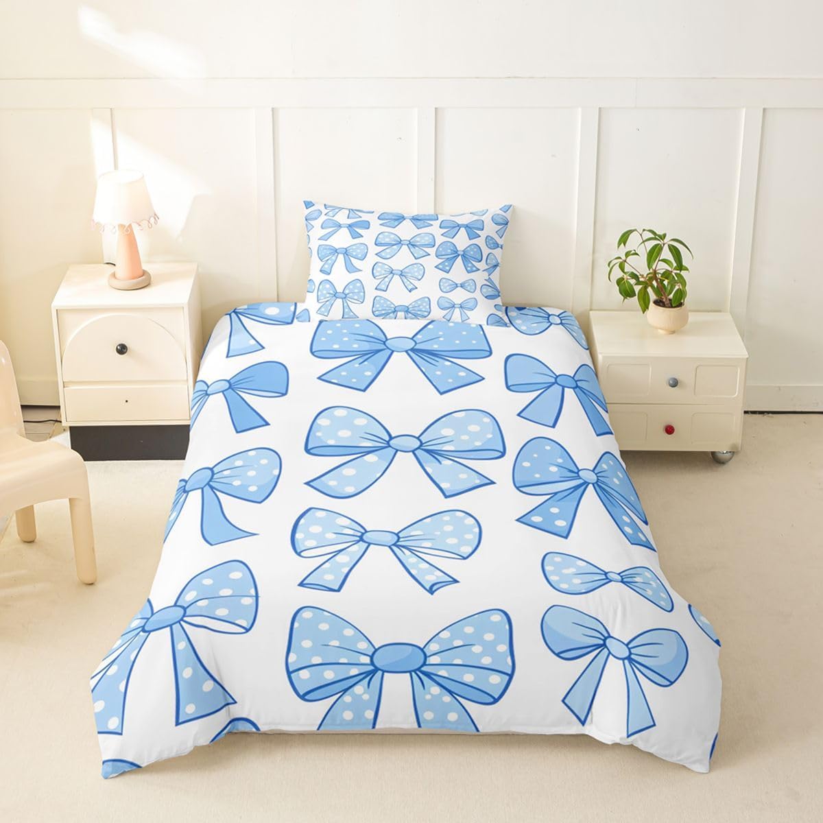 jejeloiu Blue Bowknot Duvet Cover Toddler Size Cartoon Princess Style Bedding Set for Boys Girls Wave Point Bow Comforter Cover Bedroom Decor 2Pcs