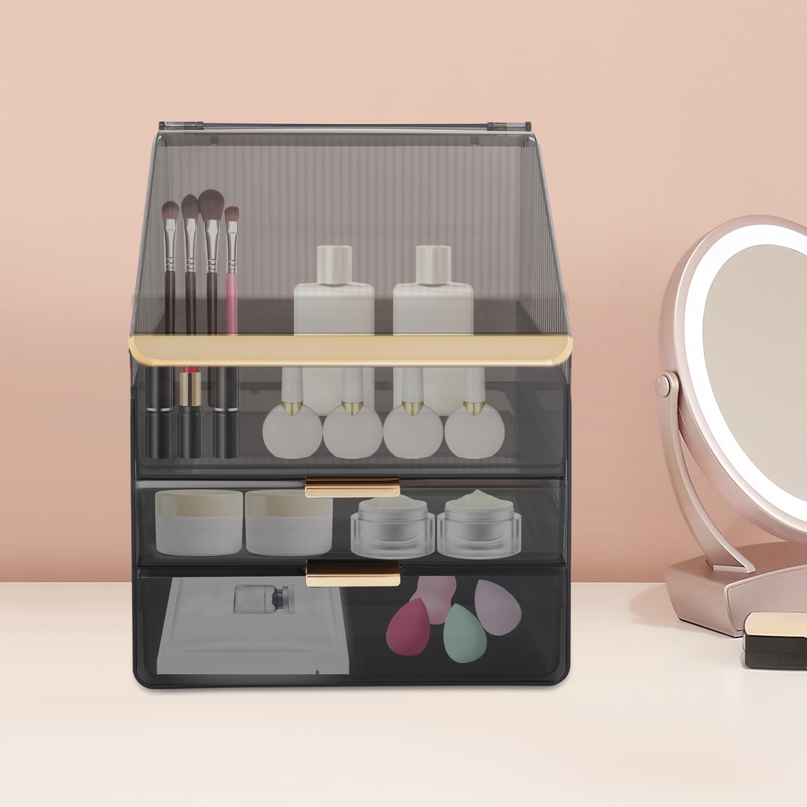 Schminktisch Organizer Make Up Kosmetik Makeup Organizers Schmink Make-up Organizer Schwarz, PET und ABS, Modern, Rechteckig, 2 Schubladen, 3 Ebenen, mit Lippenstifthalter, 30x19x37,2 cm