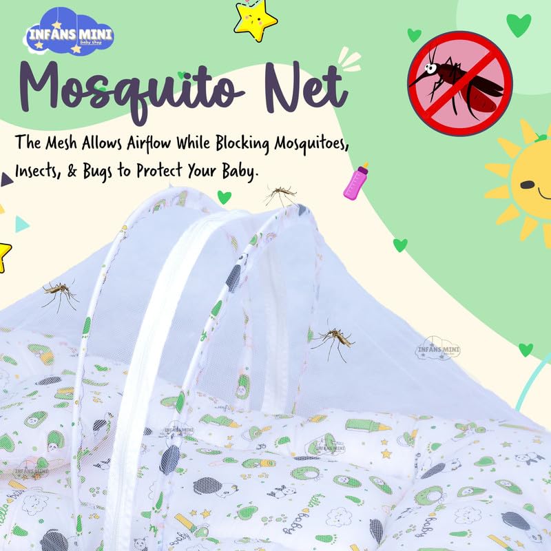 Image of Baby Bed with Mosquito and Insect Protection Net, Portable Mattress with Zip Closure & Pillow Ideal for Babies from 0-6 Months-Unisex (Panda Green)