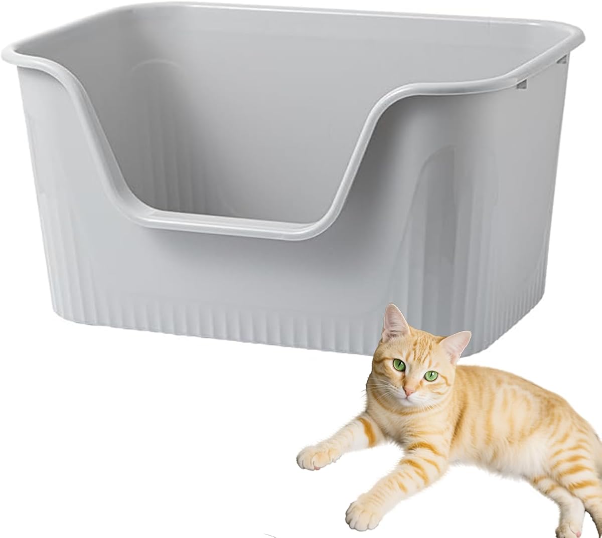 SpaceTime Caja de arena grande para gatos con lados altos, cajas para gatos de interior, bandeja de arena para gatos para gatitos, caja de arena con entrada baja, fácil de limpiar, antisalpicaduras (gris)