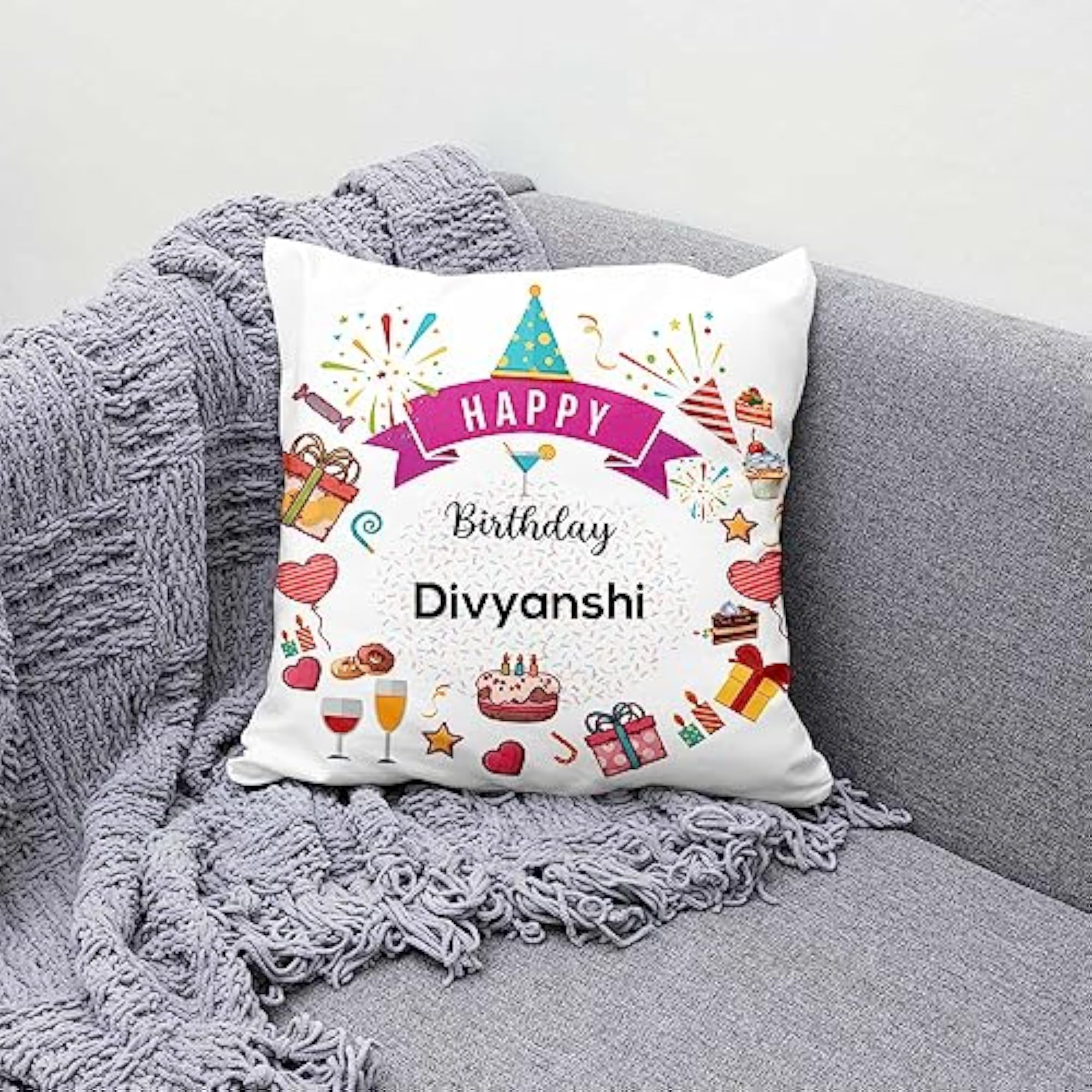 Divyanshi Happy Birthday Cushion Cover with Filler