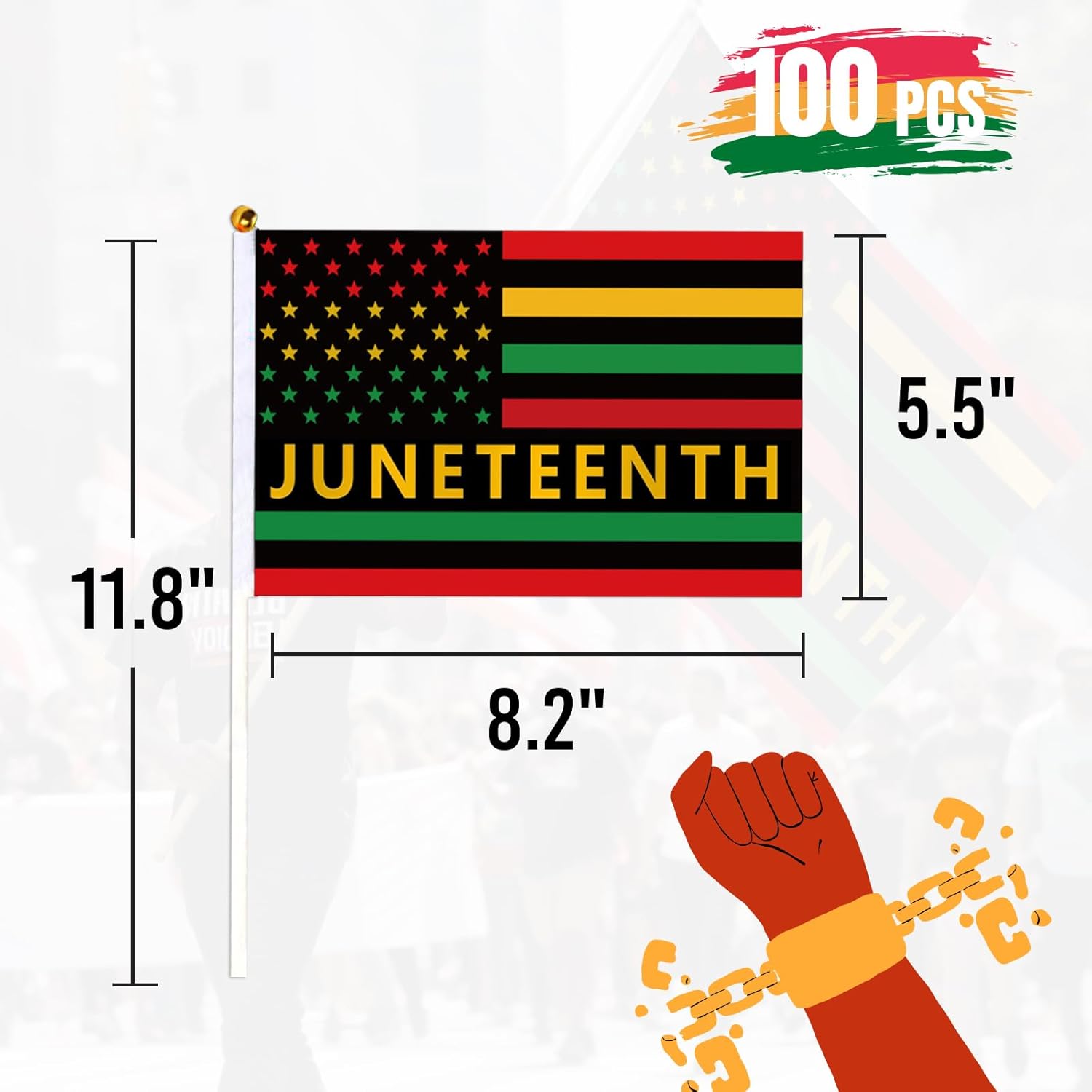 Juneteenth Flags on Sticks 100 Pcs, Small Handheld Flags 8.5x5.5 Inches African American Decorations Indoor Outdoor