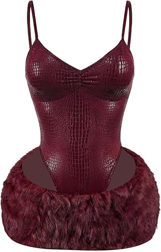 SOLY HUX Women's 2 Piece Skirt Sets Faux Leather Bodysuit Tops and Fuzzy Mini Sk